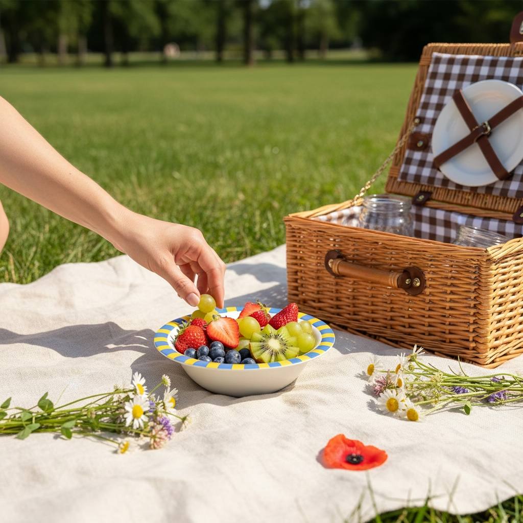 Sommo Rimmed Bowl holding fruit at a picnic