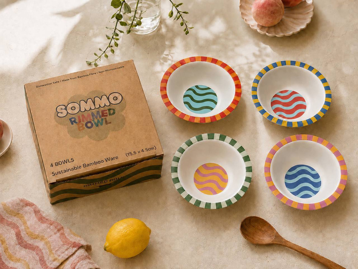 Sommo Rimmed Bowl set of four with recycled cardboard box